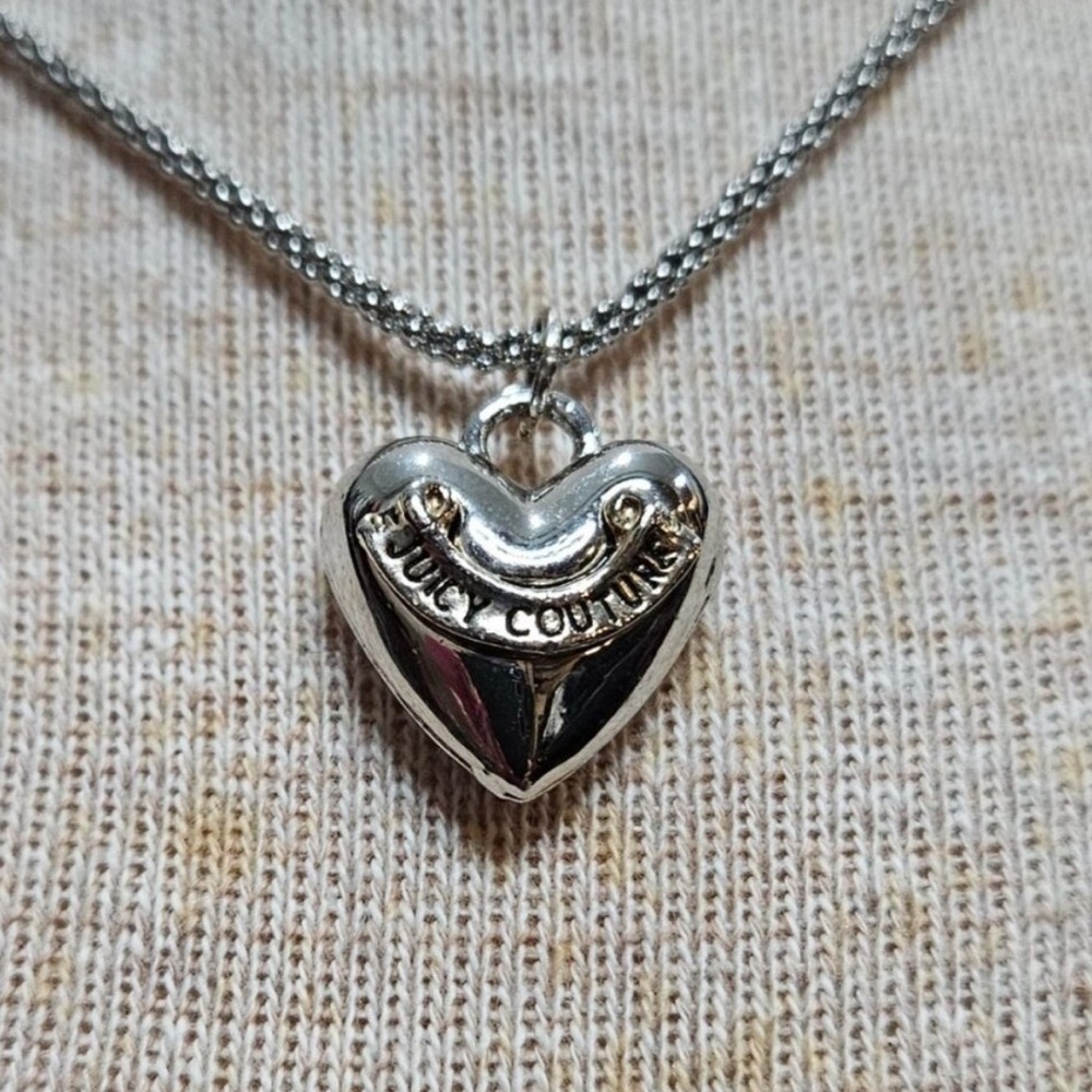 Vintage Juicy Couture Necklace Puffy Heart Pendant Spellout  Silver Tone Y2K